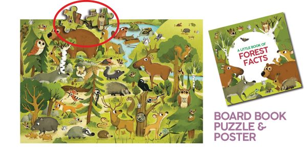 Activity box with rope handle of Forests: Search and Find Jigsaw Puzzle, featuring a forest scene with a moose, bat, owl, fox, rabbit, and others. Published by White Star.