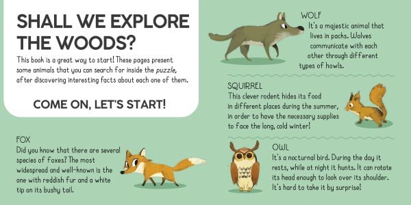 Activity box with rope handle of Forests: Search and Find Jigsaw Puzzle, featuring a forest scene with a moose, bat, owl, fox, rabbit, and others. Published by White Star.