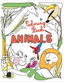 Book cover of Animals: Coloring Book, with a giraffe, lion, monkey, toucan and parrot. Published by White Star.