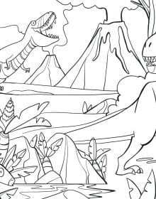 Book cover of Dinosaurs: Coloring Book, with a tyrannosaurus rex, diplodocus and stegosaurus surrounded by leaves. Published by White Star.