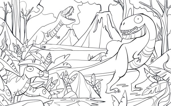 Book cover of Dinosaurs: Coloring Book, with a tyrannosaurus rex, diplodocus and stegosaurus surrounded by leaves. Published by White Star.