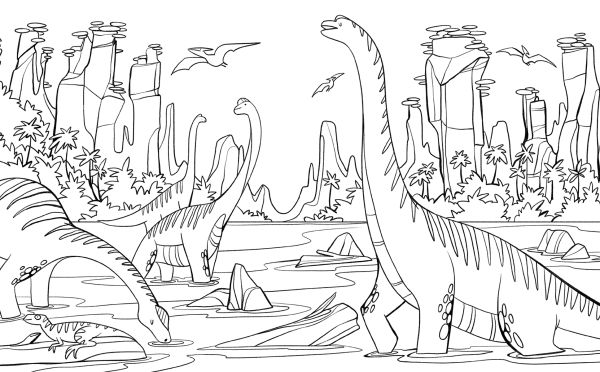 Book cover of Dinosaurs: Coloring Book, with a tyrannosaurus rex, diplodocus and stegosaurus surrounded by leaves. Published by White Star.