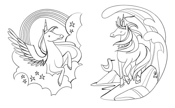 Book cover Unicorns, Coloring Book, with four unicorns in different poses. Published by White Star.