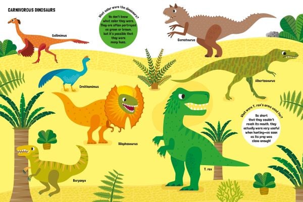 Large white board book of My Huge Book of Dinosaurs, with a collection of prehistoric beasts with scales, sharp teeth and long tails. Published by White Star.