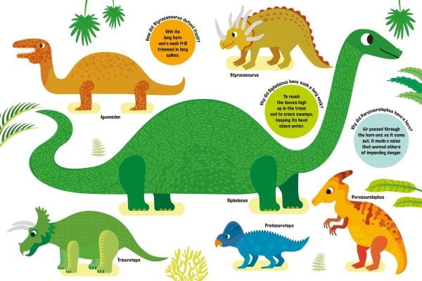 Large white board book of My Huge Book of Dinosaurs, with a collection of prehistoric beasts with scales, sharp teeth and long tails. Published by White Star.