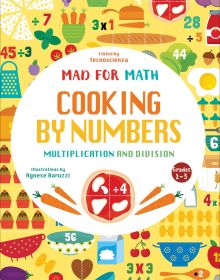 Kitchen colanders, slices of beef, and carrots, surrounded by sums, on yellow cover of 'Cooking by Numbers, Multiplication and Division', by White Star.