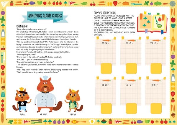 Book cover of Cooking by Numbers, Multiplication and Division, with kitchen colanders, slices of beef, and carrots, surrounded by sums. Published by White Star.