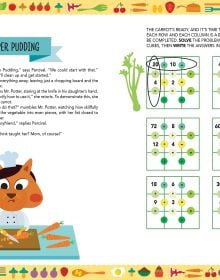 Book cover of Cooking by Numbers, Multiplication and Division, with kitchen colanders, slices of beef, and carrots, surrounded by sums. Published by White Star.
