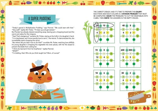 Book cover of Cooking by Numbers, Multiplication and Division, with kitchen colanders, slices of beef, and carrots, surrounded by sums. Published by White Star.