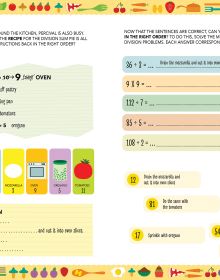 Kitchen colanders, slices of beef, and carrots, surrounded by sums, on yellow cover of 'Cooking by Numbers, Multiplication and Division', by White Star.