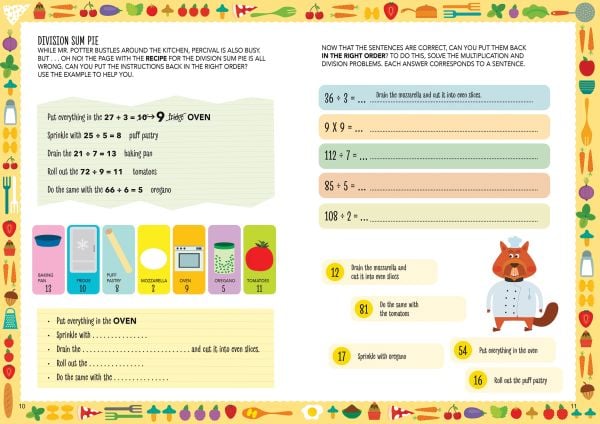 Book cover of Cooking by Numbers, Multiplication and Division, with kitchen colanders, slices of beef, and carrots, surrounded by sums. Published by White Star.
