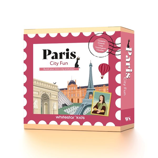 Activity Box Paris City Fun: Build your mini-city and play! with Eiffel Tower, Mona Lisa, Arc de Triomphe, Louvre Pyramid and hot air balloon. Published by White Star.