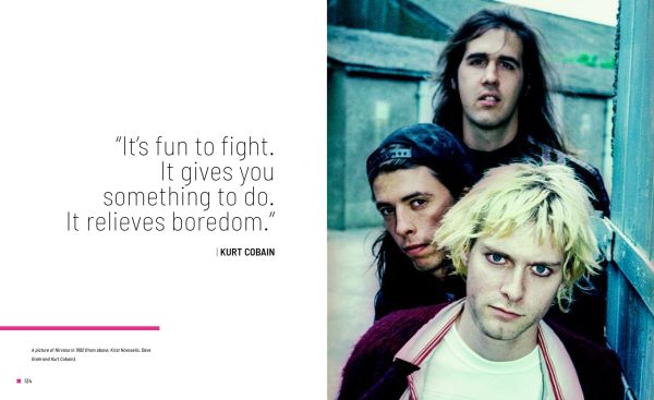 Book cover of Kurt Cobain: The Fallen Angel of Rock 'N' Roll, with an iconic image of the singer wearing thick, black eyeliner, staring into the camera. Published by White Star.