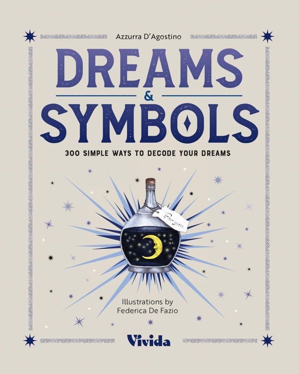Book cover of Easy Dreams: 300 Symbols for Understanding Your Dreams, with a bottle of navy liquid with a crescent moon inside. Published by White Star.