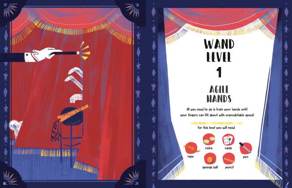 Book cover of School of Magic: More than 50 Mind-Blowing Magic Tricks, with a pair of hands holding a magic wand and the Ace of Spades. Published by White Star.