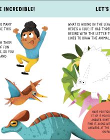Book cover of Dinosaurs: Awesome GAMES and FACTS for hours of engaging FUN!, with a Triceratops and Tetradactyl terrorising two children. Published by White Star.