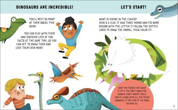 Book cover of Dinosaurs: Awesome GAMES and FACTS for hours of engaging FUN!, with a Triceratops and Tetradactyl terrorising two children. Published by White Star.