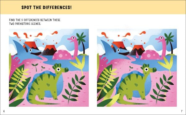 Book cover of Dinosaurs: Awesome GAMES and FACTS for hours of engaging FUN!, with a Triceratops and Tetradactyl terrorising two children. Published by White Star.