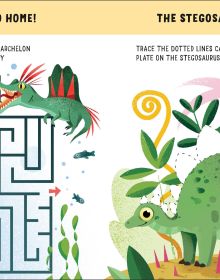 Book cover of Dinosaurs: Awesome GAMES and FACTS for hours of engaging FUN!, with a Triceratops and Tetradactyl terrorising two children. Published by White Star.