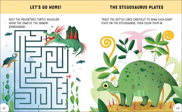 Book cover of Dinosaurs: Awesome GAMES and FACTS for hours of engaging FUN!, with a Triceratops and Tetradactyl terrorising two children. Published by White Star.