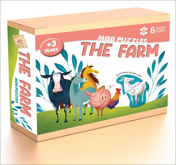 Activity box of The Farm, with farmyard animals: cow, donkey, horse, pig, rooster and goat. Published by White Star.