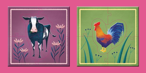 Activity box of The Farm, with farmyard animals: cow, donkey, horse, pig, rooster and goat. Published by White Star.