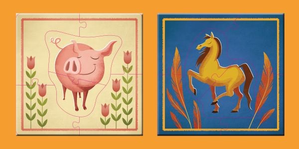 Activity box of The Farm, with farmyard animals: cow, donkey, horse, pig, rooster and goat. Published by White Star.