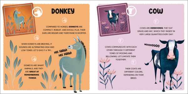 Activity box of The Farm, with farmyard animals: cow, donkey, horse, pig, rooster and goat. Published by White Star.