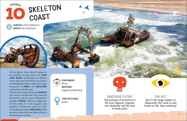 Book cover of The Top Ten: Most Dangerous Places on Earth, with hot volcano lava, alongside an iceberg and a snake. Published by White Star.