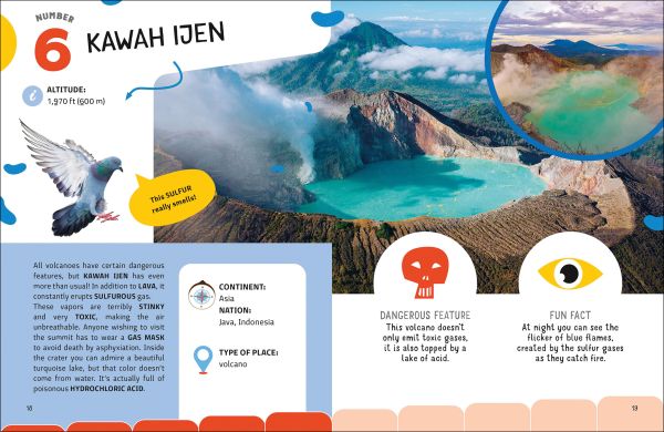 Book cover of The Top Ten: Most Dangerous Places on Earth, with hot volcano lava, alongside an iceberg and a snake. Published by White Star.