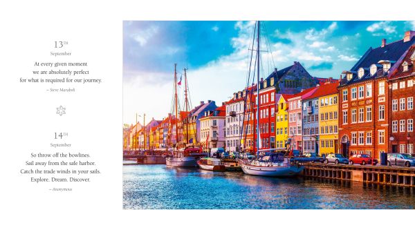 Book cover of 365 Thoughts of Harmony with the Seasons, featuring an aerial view of river snaking through landscape of orange, autumn trees and snow-covered foliage. Published by White Star.