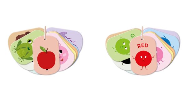 Box of Strolling With Colors: 12 Ring Flash Cards, with a large red apple. Published by White Star.