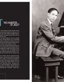 Book cover of Legends of Jazz, with the outline of a tenor saxophone. Published by White Star.