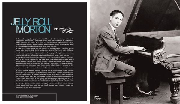 Book cover of Legends of Jazz, with the outline of a tenor saxophone. Published by White Star.