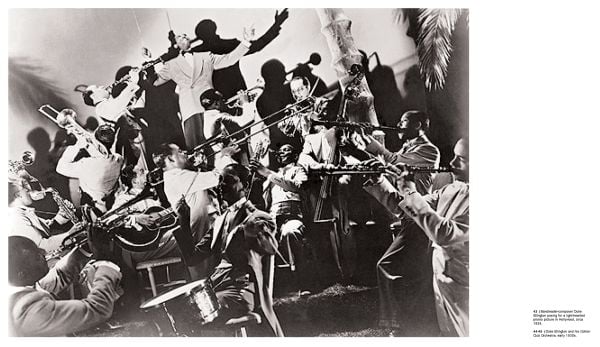 Book cover of Legends of Jazz, with the outline of a tenor saxophone. Published by White Star.