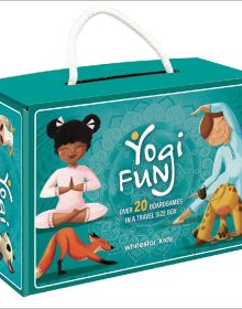 Activity box of Yogi Fun: Over 20 Boardgames in a Travel Size Box, featuring children performing yoga poses. Published by White Star.