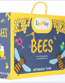 Activity box of Eco-Play Bees! Over 20 Boardgames in a Travel Size Box, with bees, honeycomb and honey pots. Published by White Star.