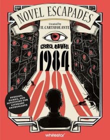 Book cover of 1984: Puzzles, Games, and Activities for Avid Readers, featuring a silhouette of figure standing in front of corridor covered in eyes. Published by White Star.