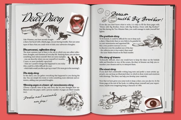 Book cover of 1984: Puzzles, Games, and Activities for Avid Readers, featuring a silhouette of figure standing in front of corridor covered in eyes. Published by White Star.