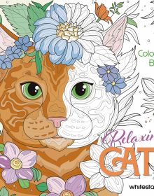 Book cover of Relaxing Cats: Colouring Book, featuring a white and tan cat with a dark landscape behind. Published by White Star.