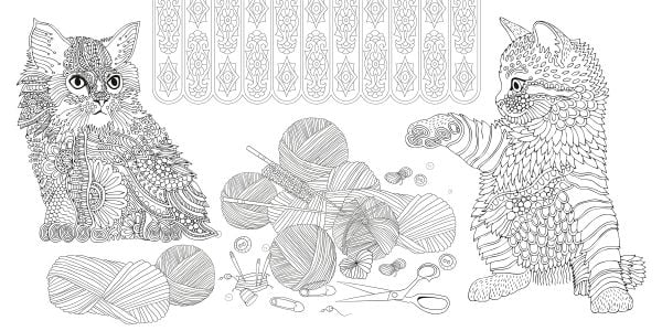 Book cover of Relaxing Cats: Colouring Book, featuring a white and tan cat with a dark landscape behind. Published by White Star.