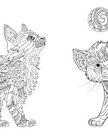 Book cover of Relaxing Cats: Colouring Book, featuring a white and tan cat with a dark landscape behind. Published by White Star.
