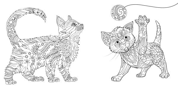 Book cover of Relaxing Cats: Colouring Book, featuring a white and tan cat with a dark landscape behind. Published by White Star.