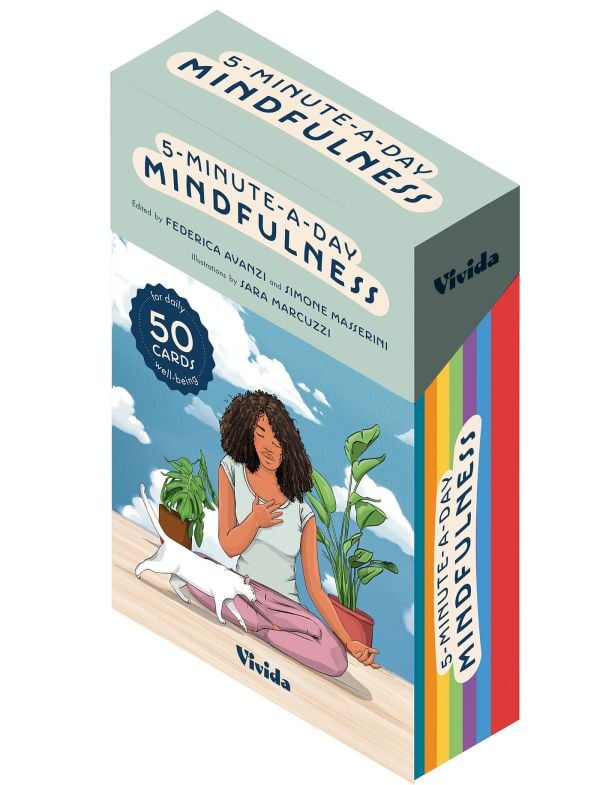 Box cover of 5-Minute-a-day Mindfulness; featuring a woman meditating, surrounded by houuseplants. Published by White Star.