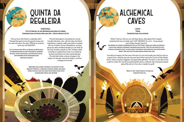 Book cover of The 50 Most Mysterious Places Ever; featuring a green dragon swirling in the water below a castle. Published by White Star.