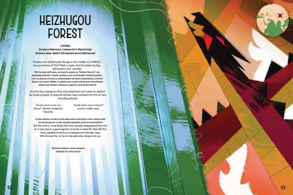 Book cover of The 50 Most Mysterious Places Ever; featuring a green dragon swirling in the water below a castle. Published by White Star.