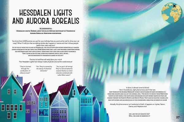 Book cover of The 50 Most Mysterious Places Ever; featuring a green dragon swirling in the water below a castle. Published by White Star.