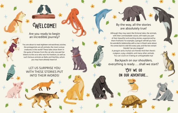 Book cover of Animal Heroes: Amazing & Really True; featuring an elephant, lion, wolf, tortoise, chimpanzee, a pig, and a cat. Published by White Star.