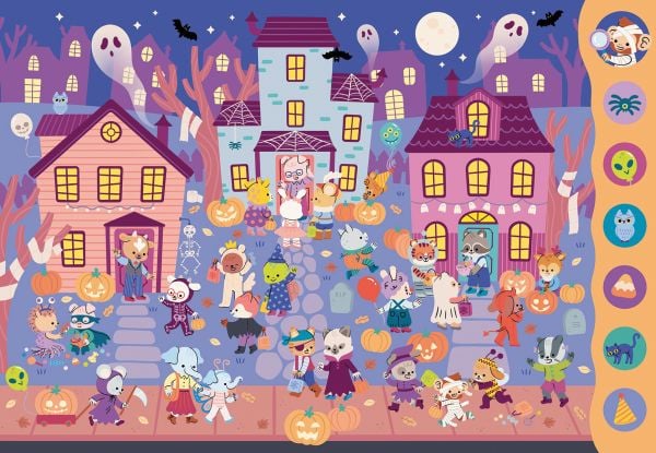 Book cover of Search and Find Monsters; featuring a Halloween scene of ghosts, pumpkins and animals in fancy dress. Published by White Star.