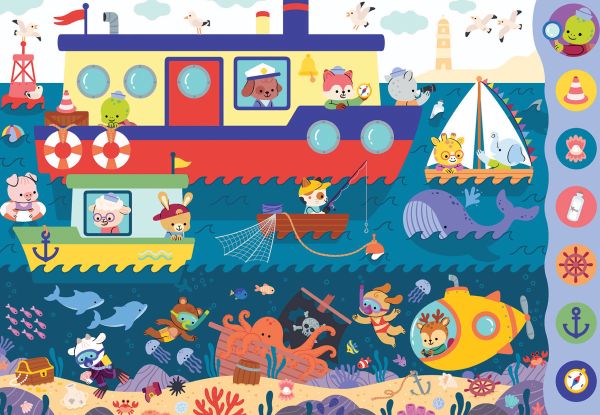 Book cover of Search and Find Vehicles; featuring animals driving cars, riding bikes, sailing boats and flying helicopters. Published by White Star.